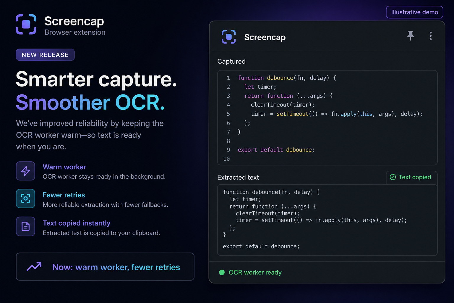 Illustrative Screencap mockup showing a warm OCR worker and copied text