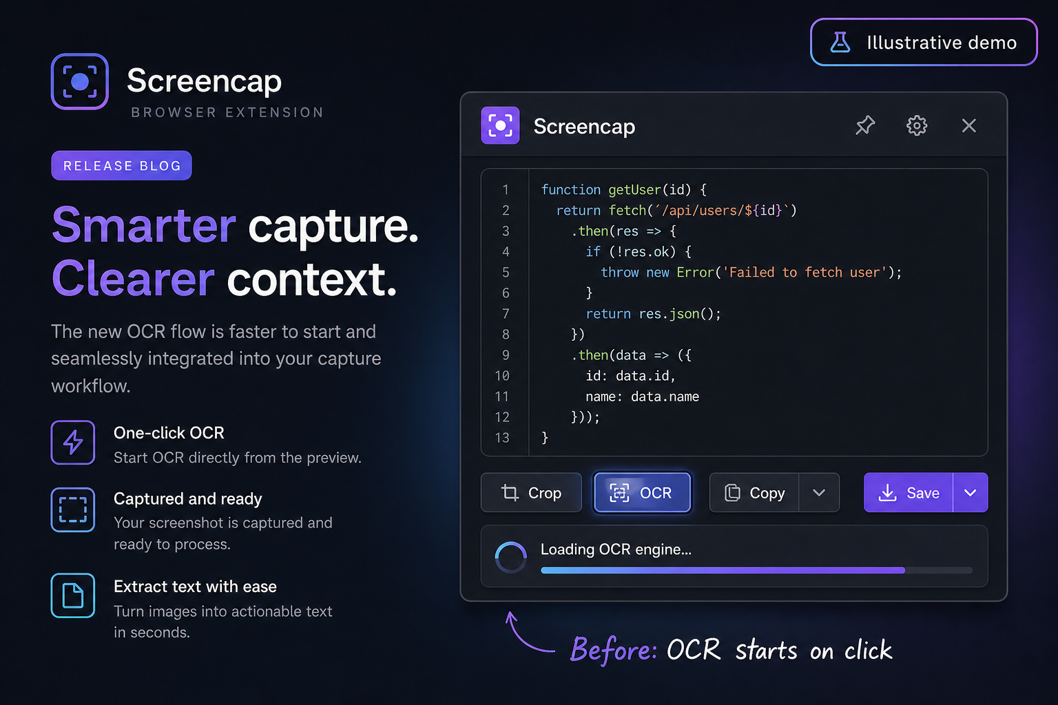 Illustrative Screencap mockup showing OCR loading after the user clicks the OCR button