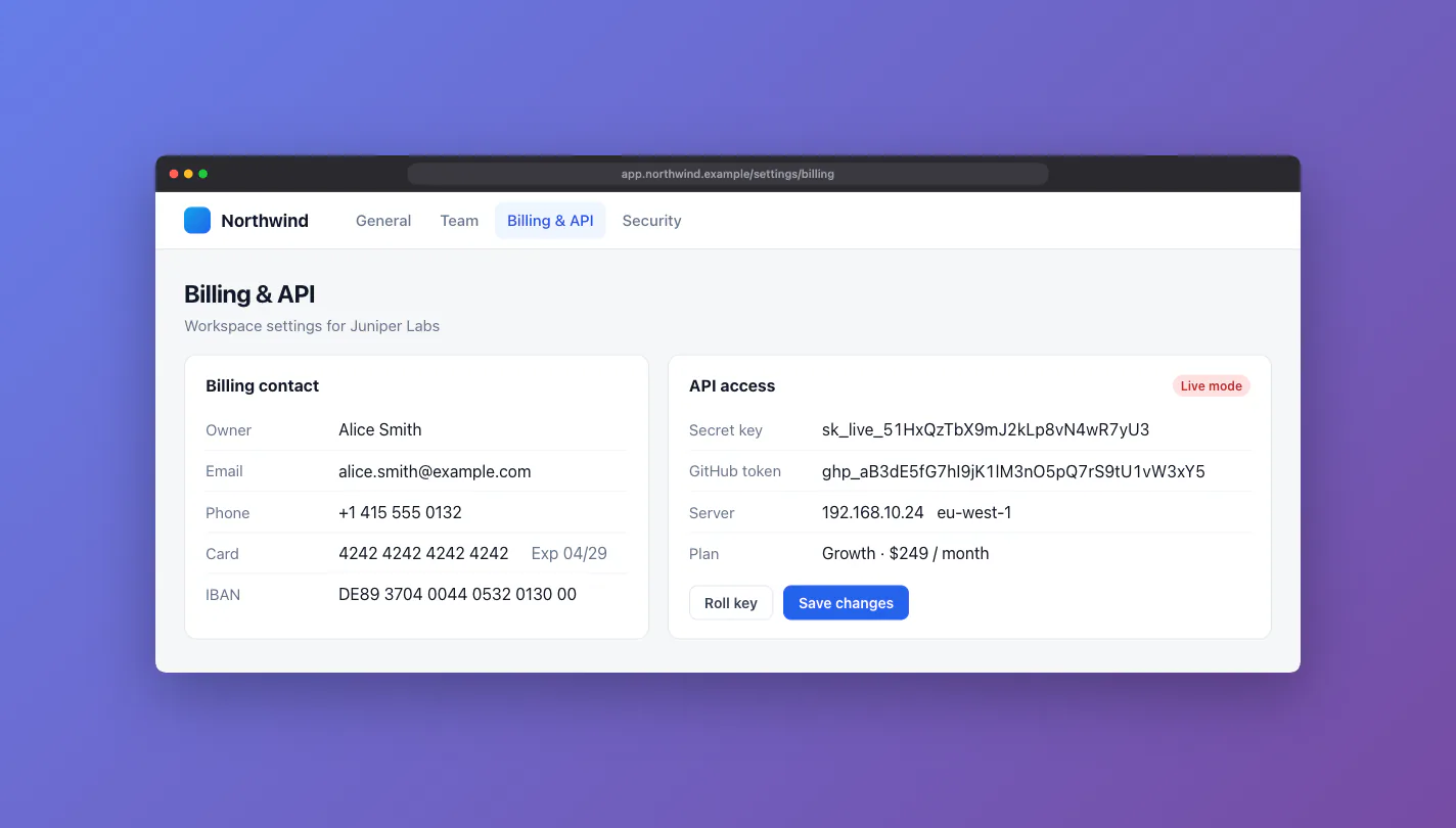 A billing and API settings page in a dark browser frame, showing an email, phone number, card number, IBAN, secret key, GitHub token and server IP address.