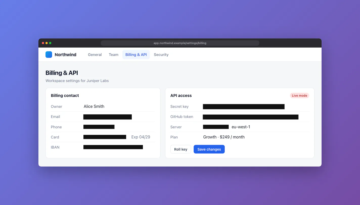 The same settings page after Auto-redact: each of those values is covered by a solid black box, and the name and plan stay readable.